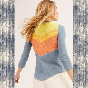 Free People Blue Top with Yellow and Orange Chevron Lace Back